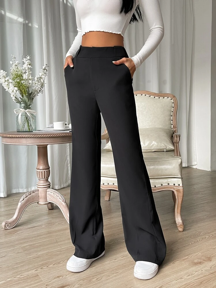 High Waist Slant Pocket Flare Leg Suit Pants - Black - View 6