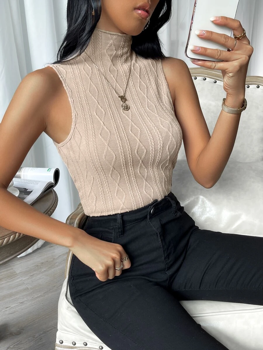 SHEIN Essnce Solid High Neck Tank Top - Apricot - View 1