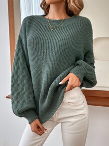 SHEIN Essnce Solid Lantern Sleeve Jumper - Dark Green - View 3