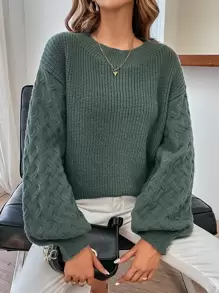 SHEIN Essnce Solid Lantern Sleeve Jumper - Dark Green - View 1