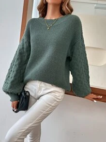 SHEIN Essnce Solid Lantern Sleeve Jumper - Dark Green - View 7