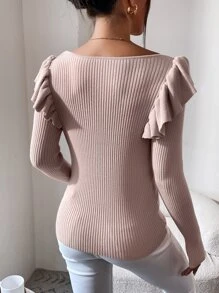 SHEIN Frenchy Ruffle Trim Scoop Neck Sweater - Dusty Pink - View 2