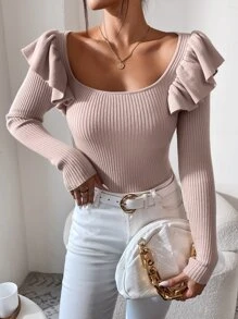 SHEIN Frenchy Ruffle Trim Scoop Neck Sweater - Dusty Pink - View 5
