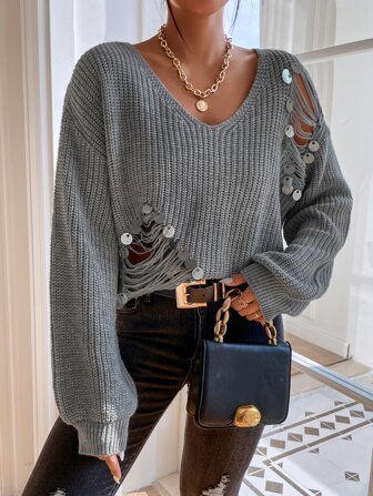 SHEIN Privé 亮片細節破洞落肩袖套頭毛衣