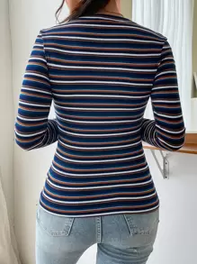 SHEIN EZwear Camiseta de rayas de cuello redondo - Multicolor - Ver 2