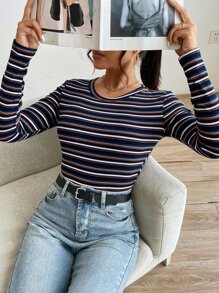 SHEIN EZwear Camiseta de rayas de cuello redondo - Multicolor - Ver 3