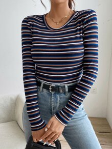 SHEIN EZwear Camiseta de rayas de cuello redondo - Multicolor - Ver 4