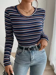 SHEIN EZwear Camiseta de rayas de cuello redondo - Multicolor - Ver 6