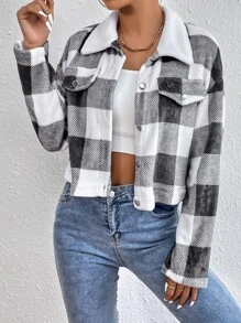 SHEIN EZwear 格紋印花落肩袖夾克 - 黑與白 - 查看 5