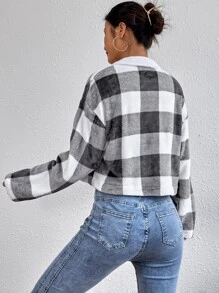 SHEIN EZwear 格紋印花落肩袖夾克 - 黑與白 - 查看 2