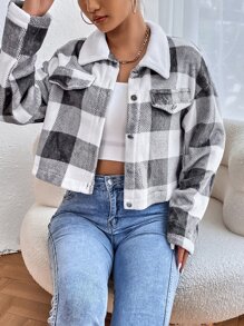 SHEIN EZwear 格紋印花落肩袖夾克 - 黑與白 - 查看 4