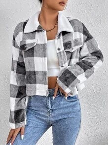 SHEIN EZwear 格紋印花落肩袖夾克 - 黑與白 - 查看 3