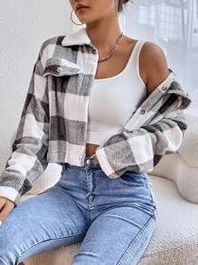 SHEIN EZwear 格紋印花落肩袖夾克 - 黑與白 - 查看 1