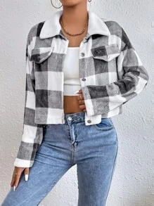 SHEIN EZwear 格紋印花落肩袖夾克 - 黑與白 - 查看 6