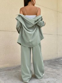 SHEIN Unity Bộ đồ hai mảnh nữ Túi Nút phía trước màu trơn Giải trí - Màu xanh Bạc hà - Xem 2