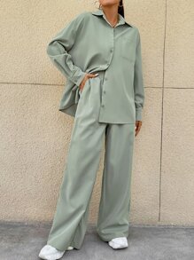 SHEIN Unity Bộ đồ hai mảnh nữ Túi Nút phía trước màu trơn Giải trí - Màu xanh Bạc hà - Xem 3