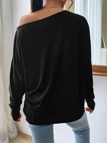 SHEIN Essnce Solid Asymmetrical Neck Dolman Sleeve Tee - Black - View 2