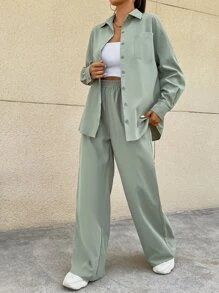 SHEIN Unity Bộ đồ hai mảnh nữ Túi Nút phía trước màu trơn Giải trí - Màu xanh Bạc hà - Xem 4