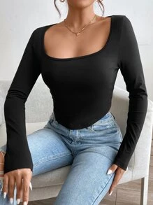 SHEIN Essnce Scoop Neck Curved Hem Tee - Black - View 4