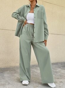 SHEIN Unity Bộ đồ hai mảnh nữ Túi Nút phía trước màu trơn Giải trí - Màu xanh Bạc hà - Xem 5