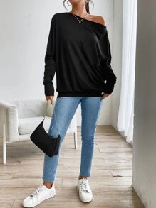 SHEIN Essnce Solid Asymmetrical Neck Dolman Sleeve Tee - Black - View 4
