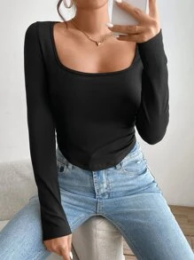 SHEIN Essnce Scoop Neck Curved Hem Tee - Black - View 6