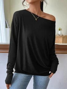 SHEIN Essnce Solid Asymmetrical Neck Dolman Sleeve Tee - Black - View 6