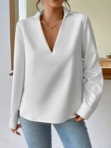 SHEIN Essnce 素色V領襯衫 - 白色 - 查看 3