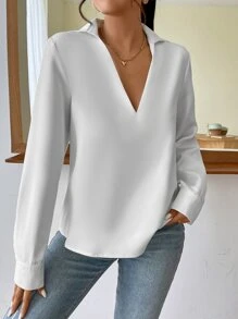 SHEIN Essnce 素色V領襯衫 - 白色 - 查看 4