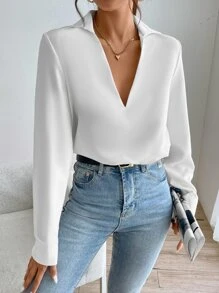 SHEIN Essnce 素色V領襯衫 - 白色 - 查看 5