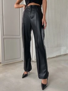 DAZY Quần ống loe cạp cao có túi chéo bằng PU mùa đông - màu đen - Xem 3