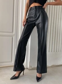 DAZY Quần ống loe cạp cao có túi chéo bằng PU mùa đông - màu đen - Xem 5