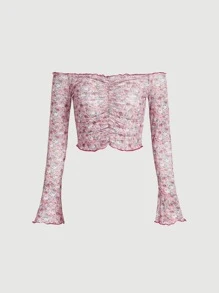 SHEIN MOD Ditsy Floral Ruched Mesh Top - Purple - View 1