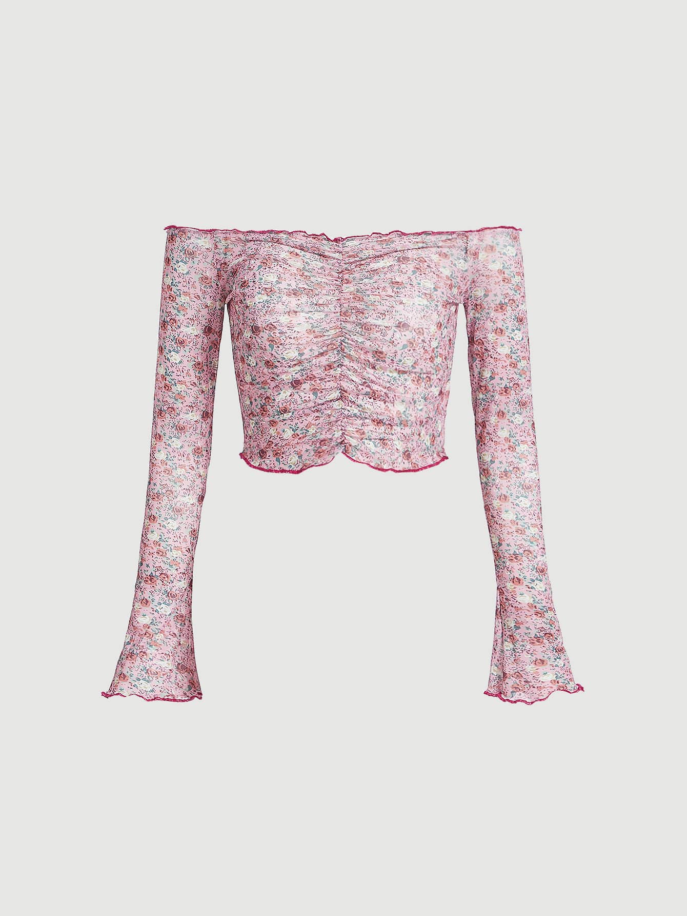 SHEIN MOD Ditsy Floral Ruched Mesh Top - Purple - View 1