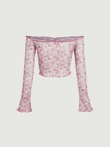 SHEIN MOD Ditsy Floral Ruched Mesh Top - Purple - View 2