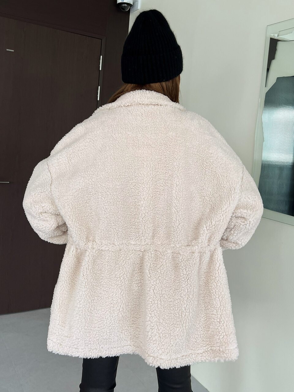 Drop Shoulder Drawstring Waist Teddy Coat