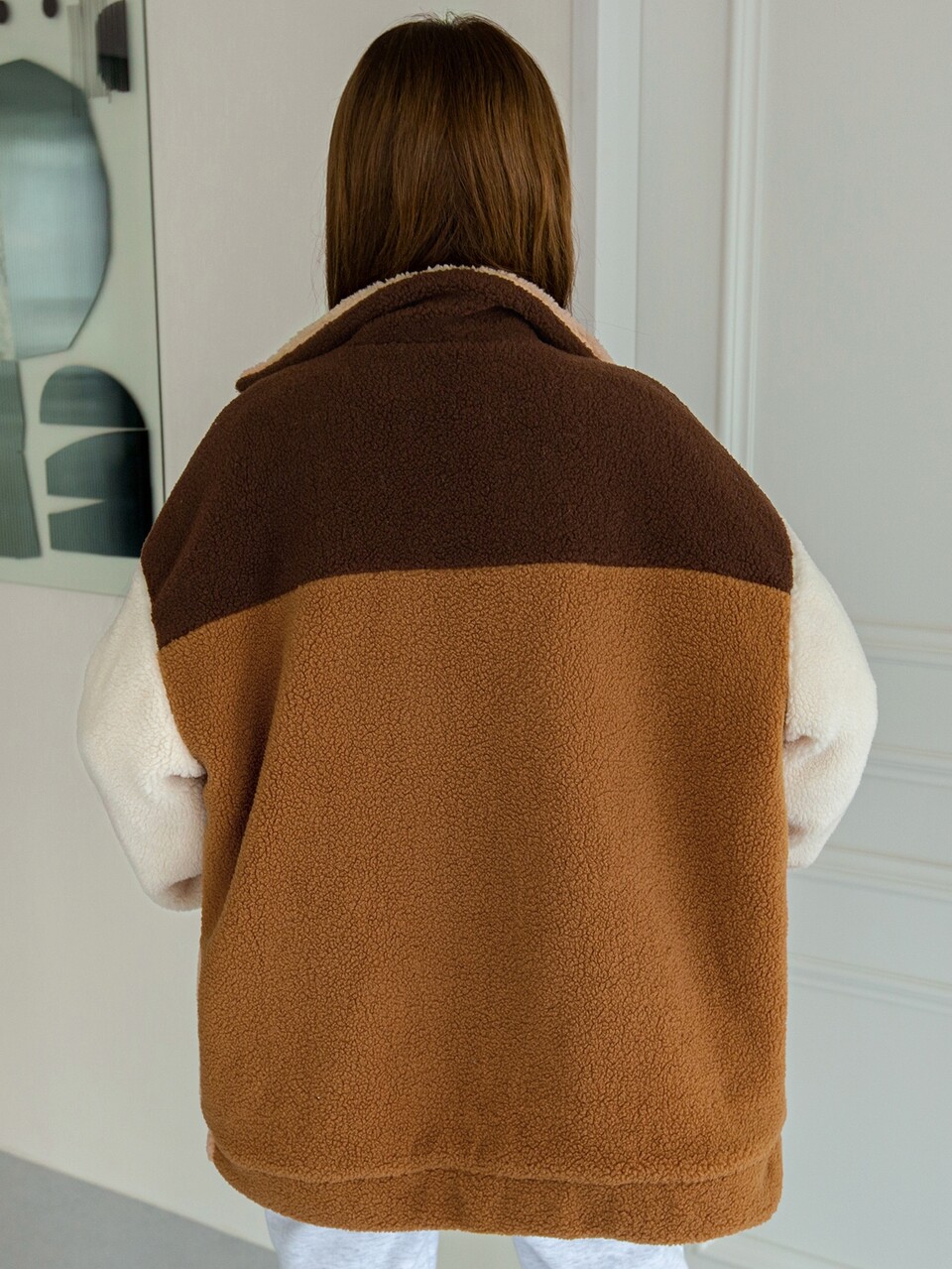 Color Block Drop Shoulder Zip Up Teddy Jacket
