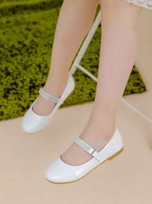 Girls Rhinestone Decor Mary Jane Flats - White - View 5