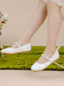 Girls Rhinestone Decor Mary Jane Flats - White - View 6