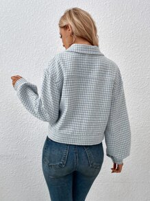 SHEIN LUNE Houndstooth Print Flap Detail Bishop Sleeve Jacket - Blue and White - View 2