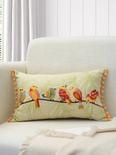 Bird Embroidery Pom Pom Trim Lumbar Pillow Cover Without Filler