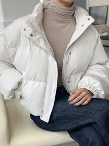 女士纯色拉链短款长袖休闲冬季外套 - 米色 - 查看 12