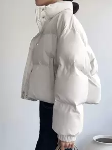女士纯色拉链短款长袖休闲冬季外套 - 米色 - 查看 9