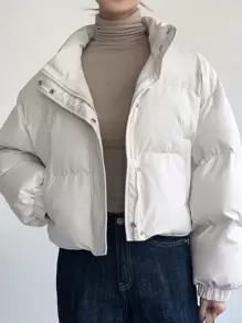 女士纯色拉链短款长袖休闲冬季外套 - 米色 - 查看 7