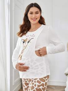SHEIN Maternity Giraffe & Slogan Graphic Nursing PJ Set - White - View 5