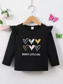 Niñas Camiseta con estampado de slogan y corazón ribete con fruncido - Negro - Ver 1