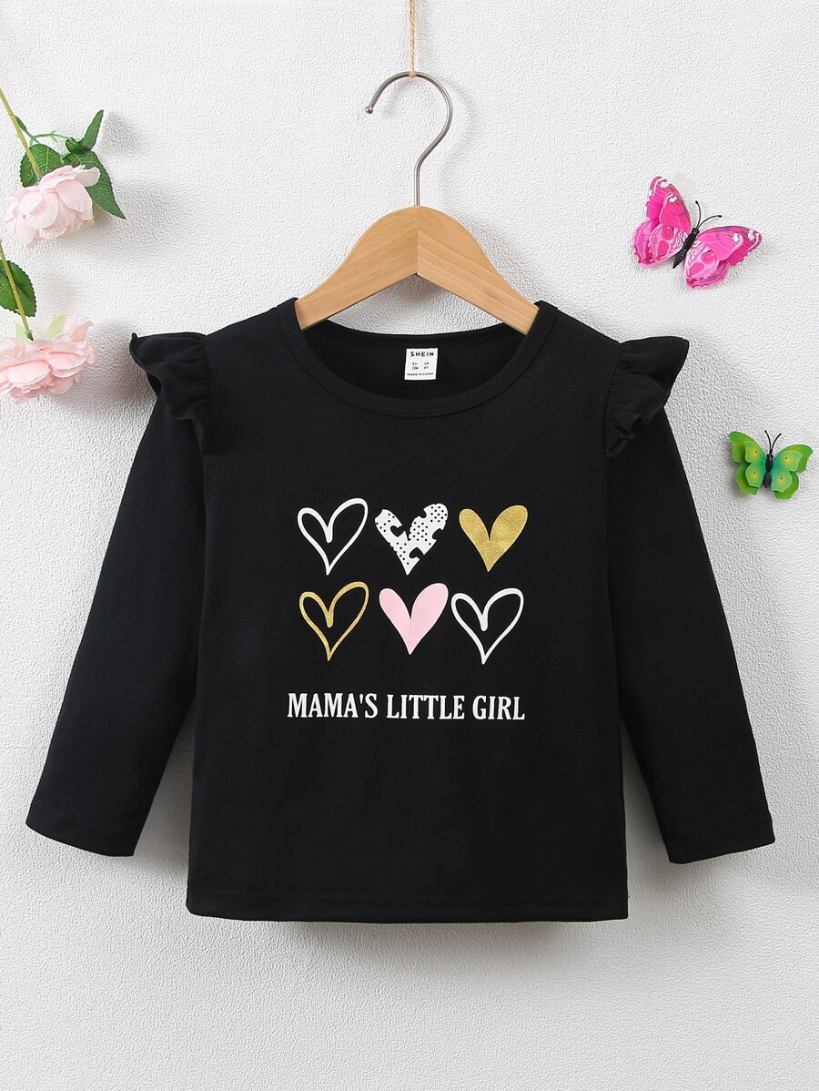 Niñas Camiseta con estampado de slogan y corazón ribete con fruncido - Negro - Ver 1