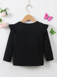 Niñas Camiseta con estampado de slogan y corazón ribete con fruncido - Negro - Ver 2