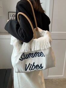 字母刺繡流蘇邊購物袋 - 白色 - 查看 2