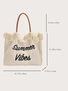 字母刺繡流蘇邊購物袋 - 白色 - 查看 3